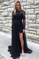 Black A-Line Lace Long Sleeve Prom Dress with Slit